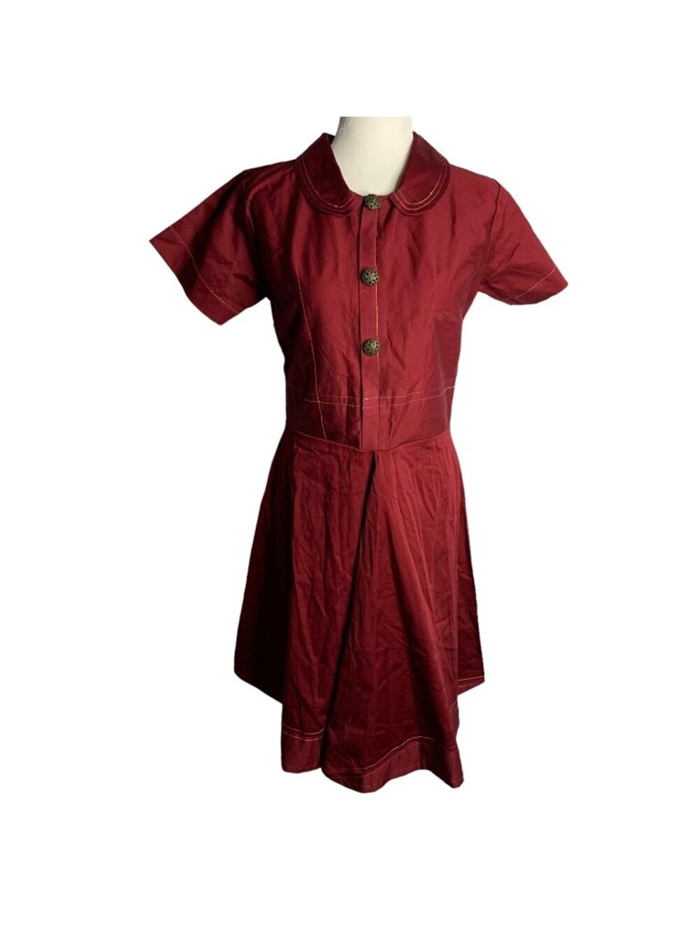 Handmade Retro Shirt Swing Dress S Maroon Red Peter Pan Collar Pinup